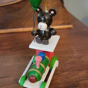 Vintage Wooden Train and Bear with Balloons Ornament